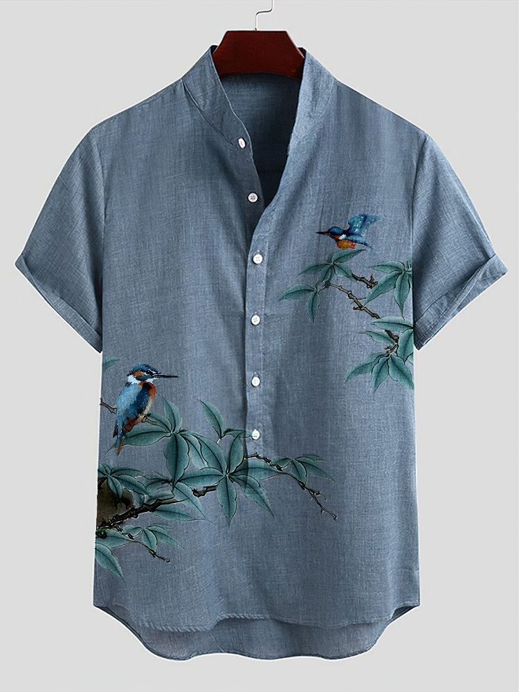 

Mens Bird Plant Print Half Button Cotton Henley Shirts, Blue