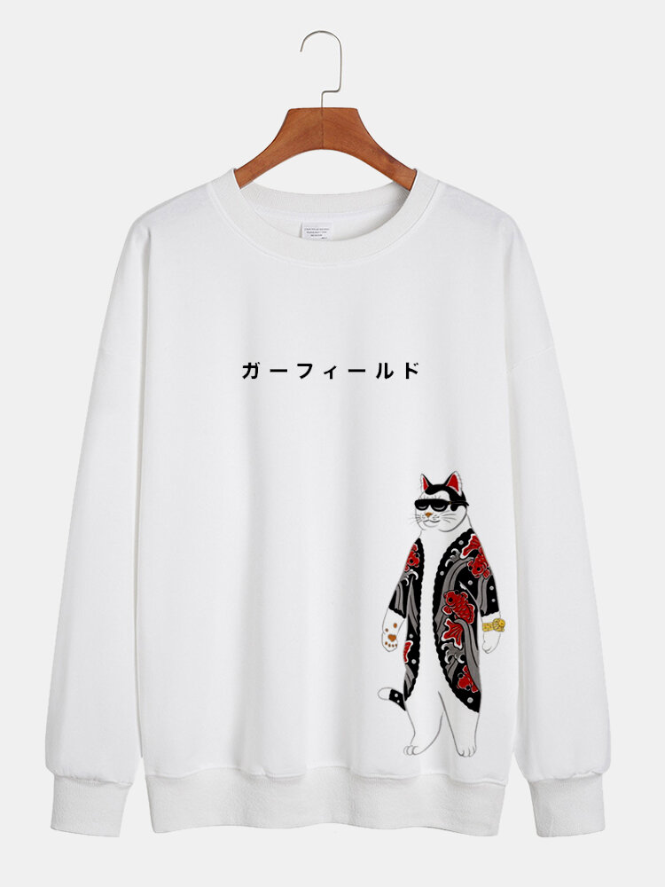 Mens Japanese Cat Print Crew Neck Loose Pullover Sweatshirts
