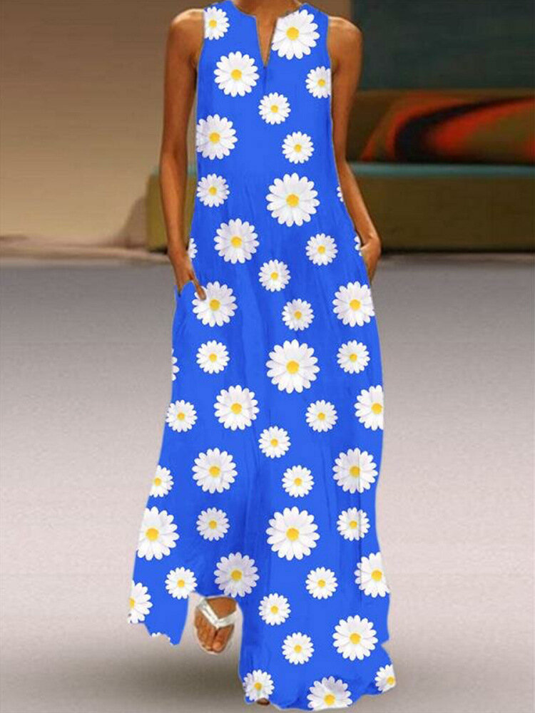 Daisy Flower Print Sleeveless V-neck Maxi Dress