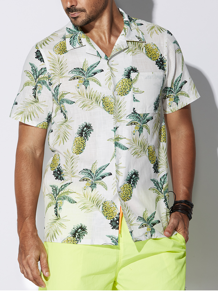 Camicia da spiaggia in cotone stampa fantasia hawaiana