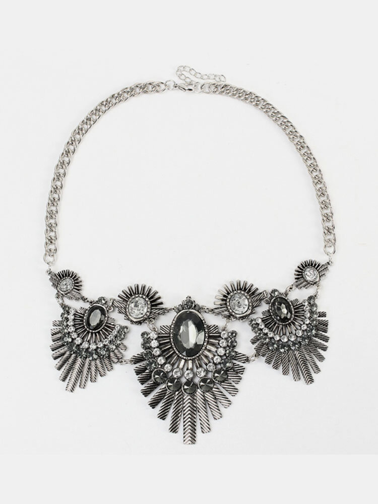 Vintage Antique Silver Feathers Crystal Necklace