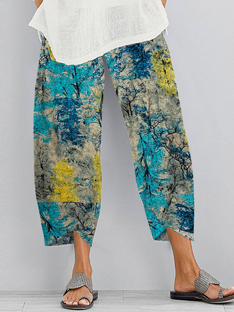 Forest Print Elastic Waist Plus Size Pants for Women
