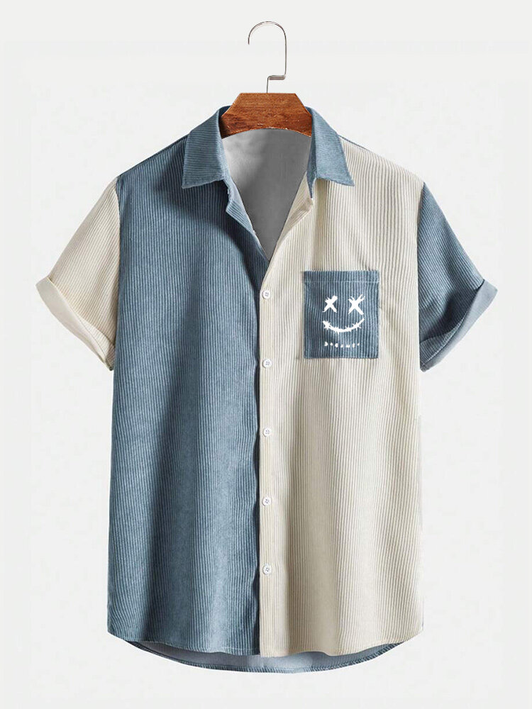 

Mens Smile Print Patchwork Chest Pocket Short Sleeve Shirts, Light blue