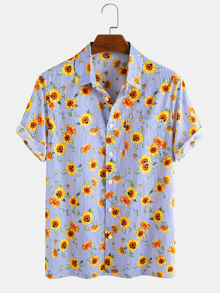 Men's 100% Cotton Sunflower Printed Striped Casual Short Sleeve Shirt