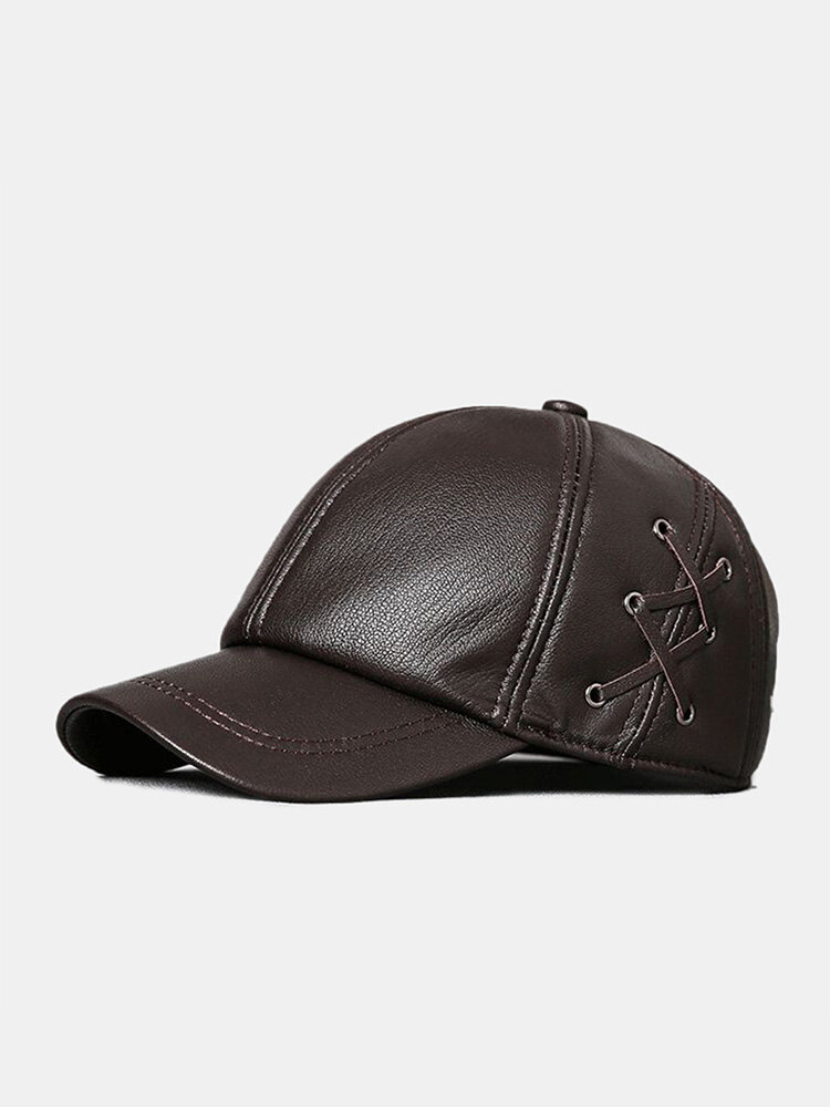 Men Sheep Leather Solid Color Patchwork Cross Strap Decoration Outdoor Casual Warmth Baseball Cap