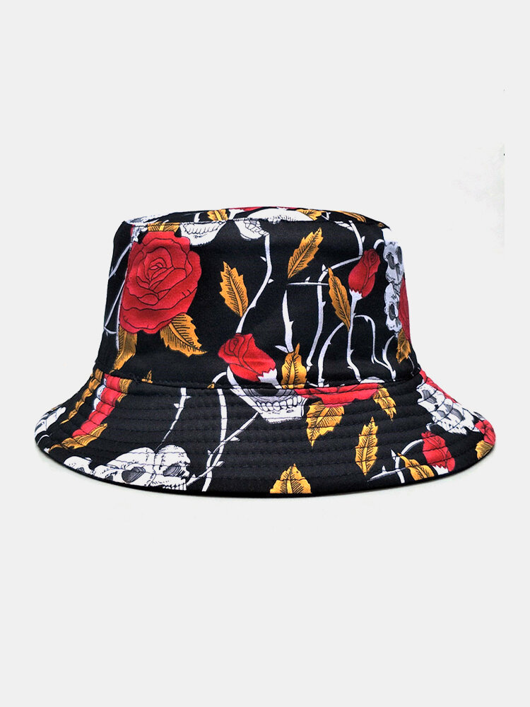 Unisex Double-Sided Rose Flower Skeleton Pattern Fashion Sunshade Cotton Bucket Hat