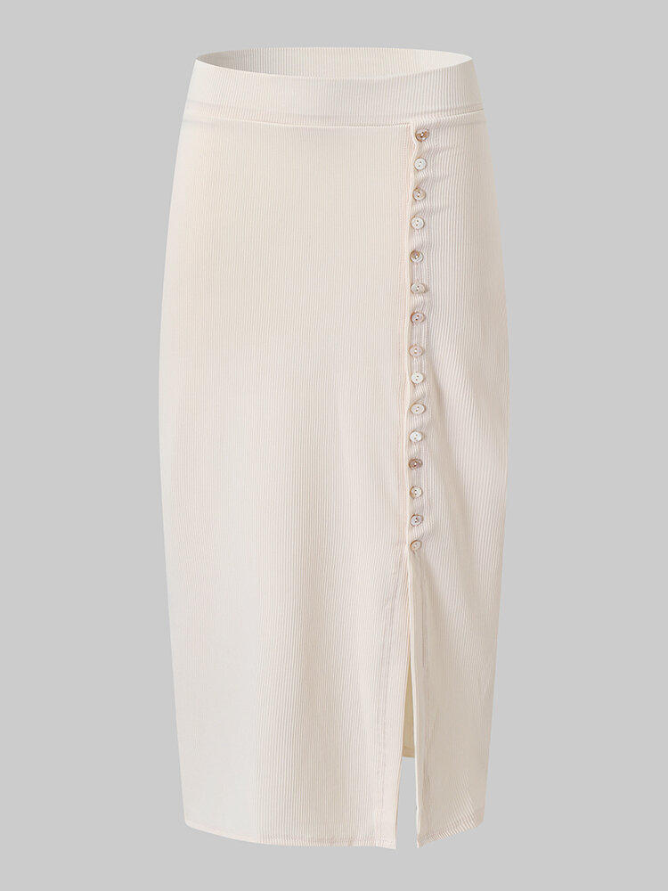 Solid Button Slit Ribbed Knit Elastic Waist Skirt For Women