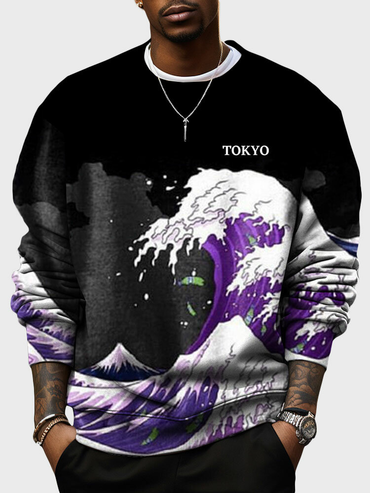 Mens Japanese Wave Print Crew Neck Long Sleeve Pullover Sweatshirts