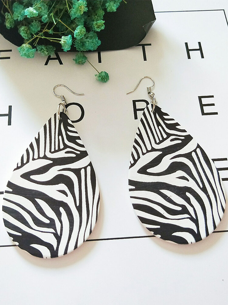 Vintage Trendy Drop-shape Zebra Pattern Wooden Earrings