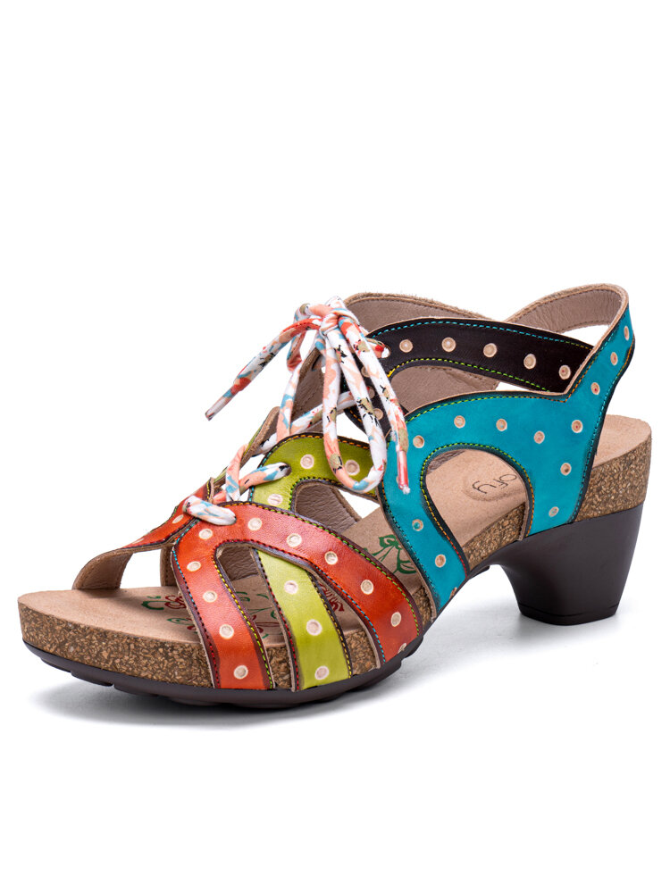 Socofy Genuine Leather Casual Bohemian Ethnic Colorblock Comfy Lace-up Heeled Sandals