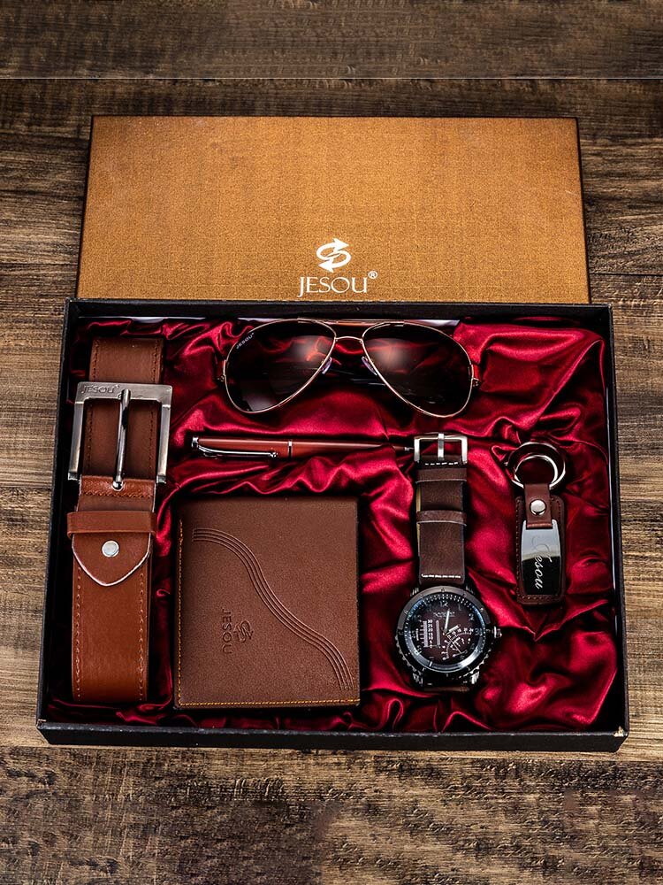 6 Pcs Men Watch Set Large Dial Quartz Watch Glasses Belt Wallet Keychain Pen Gift Kit Thanksgiving Christmas Gift