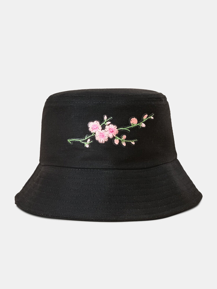 Unisex Cotton Solid Color Plum Bossom Pattern Embroidered Casual Sunshade Bucket Hat