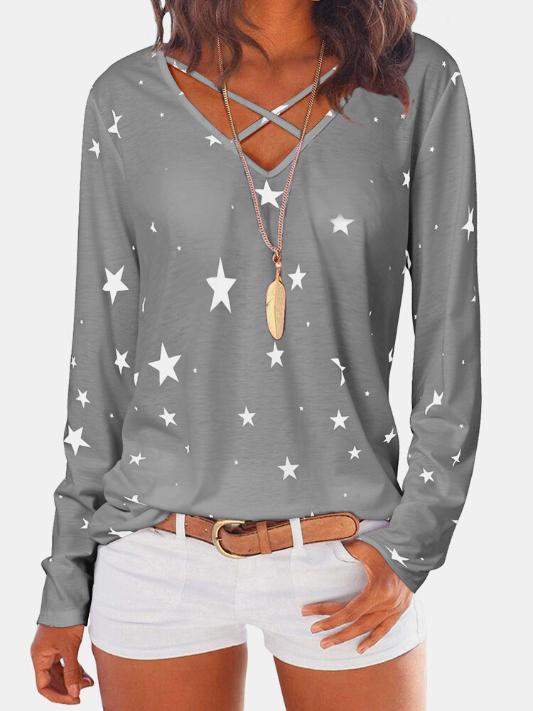 

Stars Print V-neck Criss-Cross Casual Sweatshirt for Women, Light purple