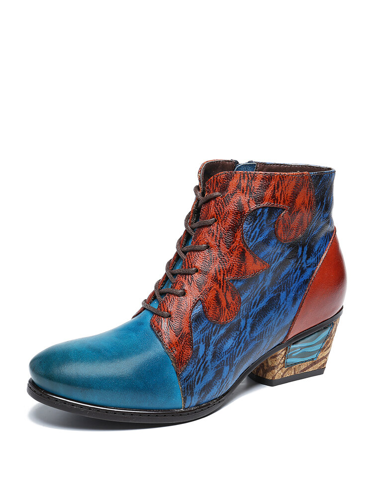 SOCOFY Retro Irregular Stitching Genuine Leather Printing Low Heel Ankle Boots