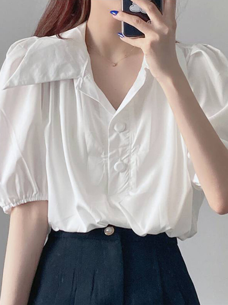 Puff Sleeve Lapel Solid Blouse For Women