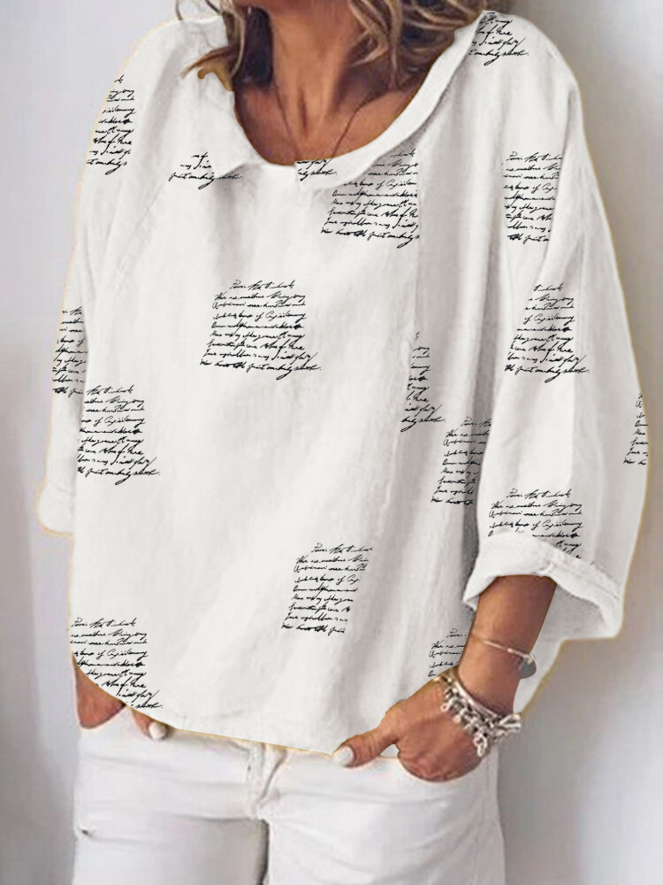 Letters Printed O-neck Long Sleeve Blouse For Women