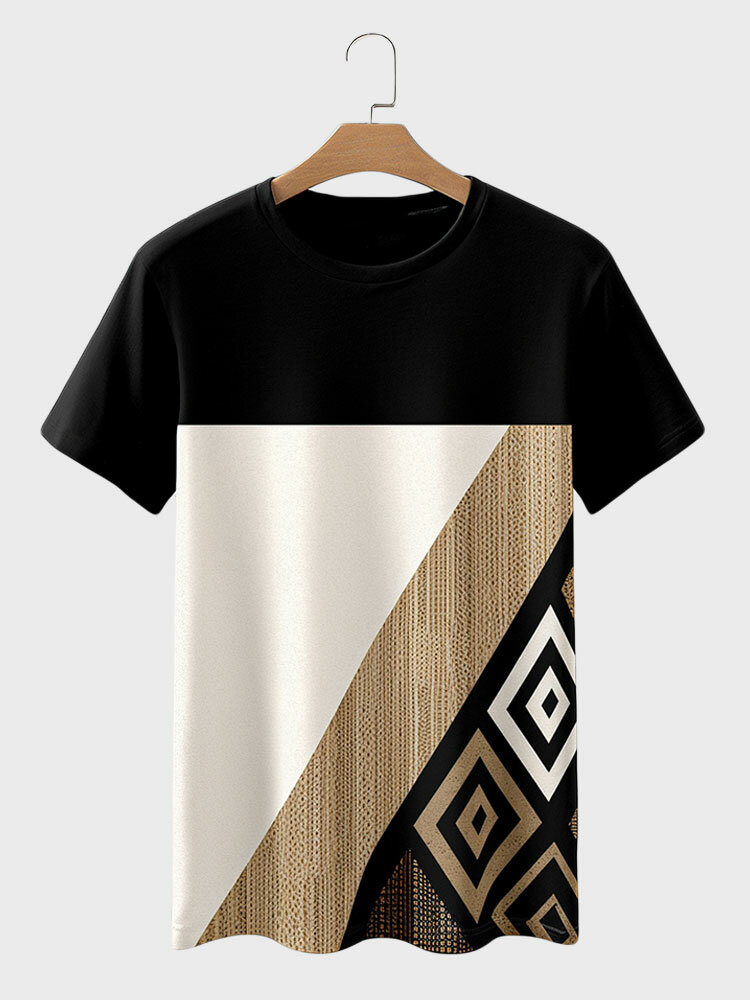 Mens Vintage Geometric Color Block Patchwork Short Sleeve T-Shirts