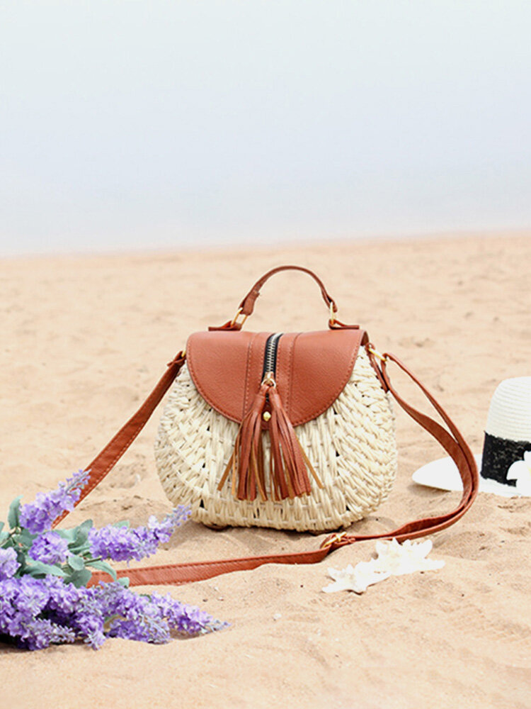 Women Travel Straw Beach Bags Tassel Patchwork Crossbody Bags