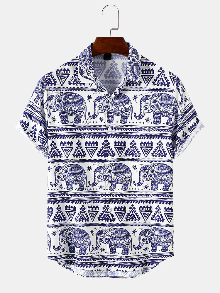 

Mens Elephant Print Ethnic Short Sleeve Lapel Shirts, White