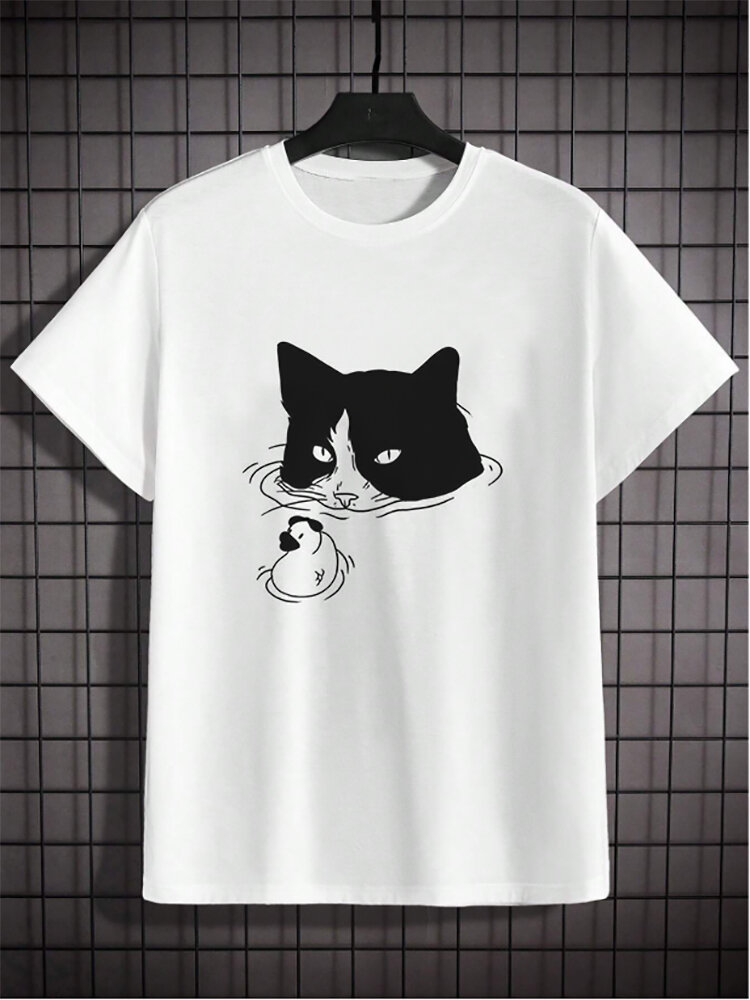 Mens Cartoon Animal Cat Print Crew Neck Short Sleeve T-Shirts Winter