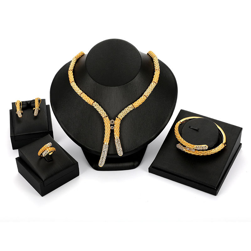 Luxury Bridal Jewelry Sets Rhinestones 18K Gold Stick Bar Bracelet Ring Necklaces Earrings for Women