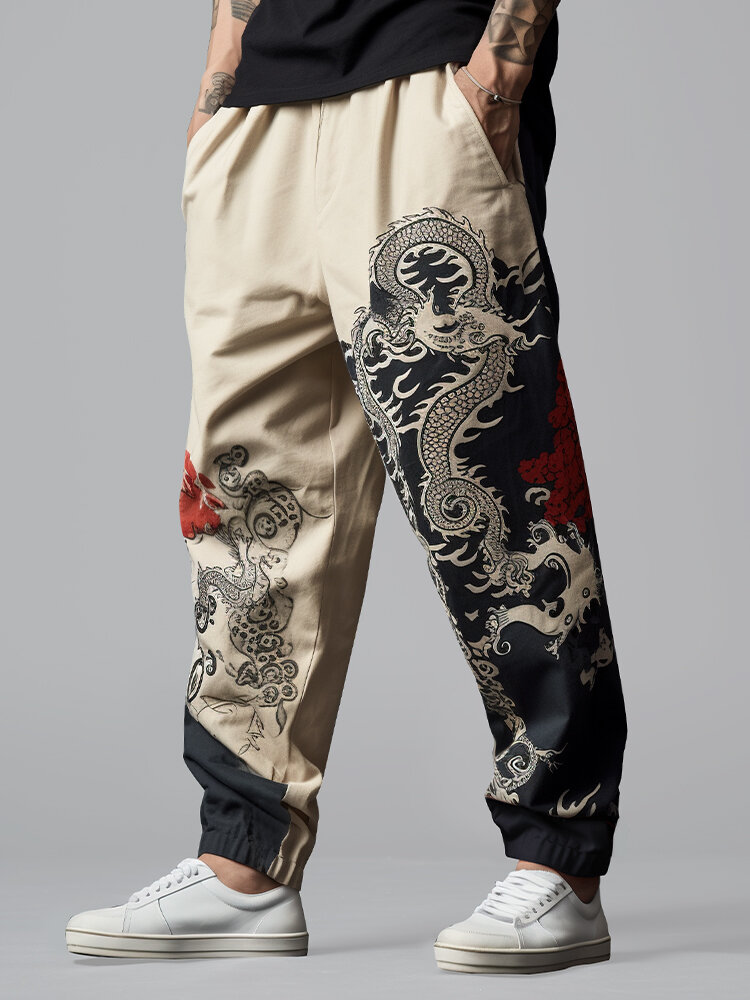 

Mens Chinese Dragon Print Loose Pants With Pocket, Apricot