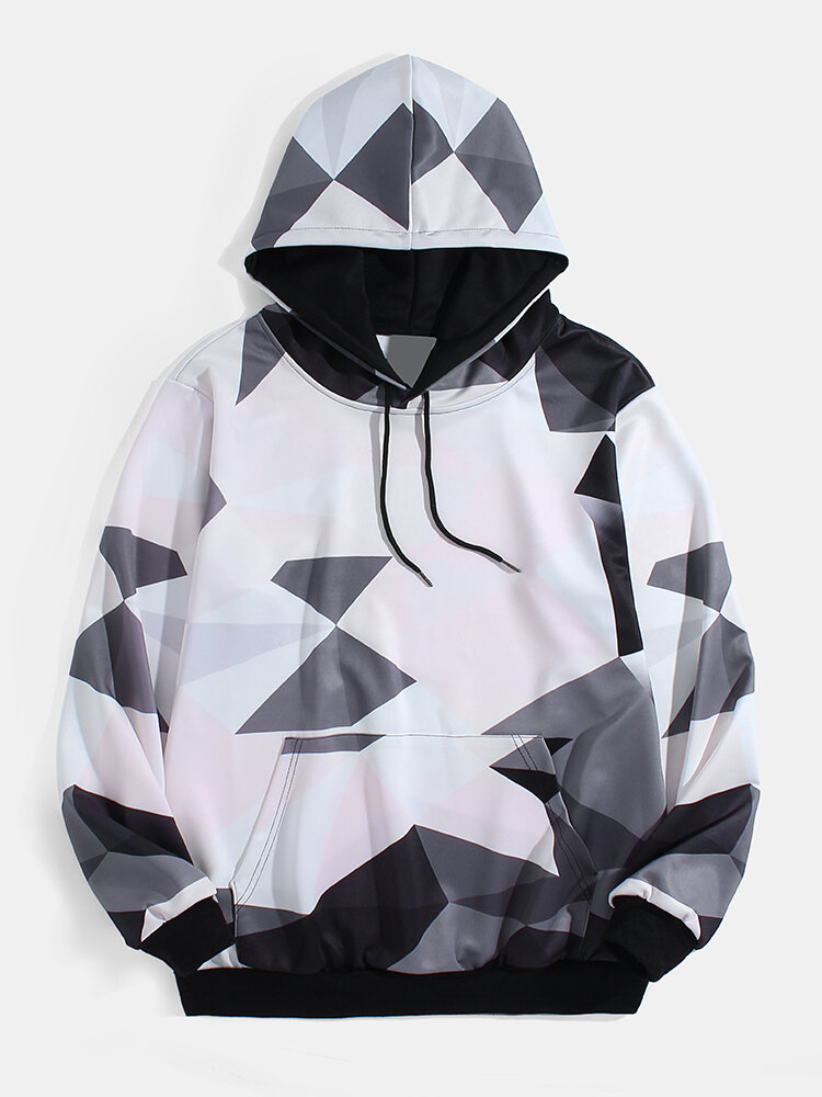 Mens All Over 3D Geometric Print Drawstring Hoodies With Pouch Pocket