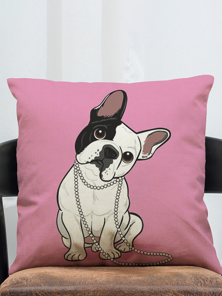 Cartoon French Bulldog Cotton Linen Pillowcase Square Living Room Sofa Decoration Cushion Cover