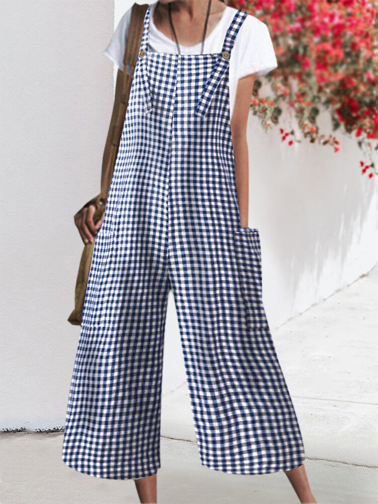 Plaid Printed Wide-legged Front Button Side Pokets Sleeveless Jumpsuits