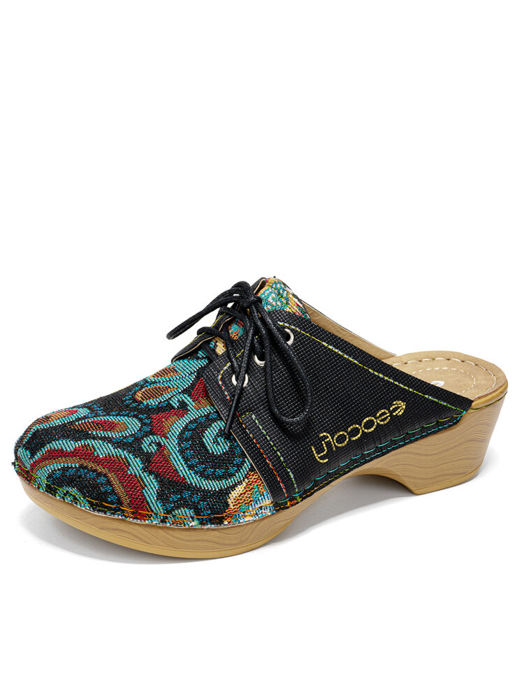 

Socofy Retro Ethnic Vacation Floral Patchwork Comfy Closed Toe Clogs, Black