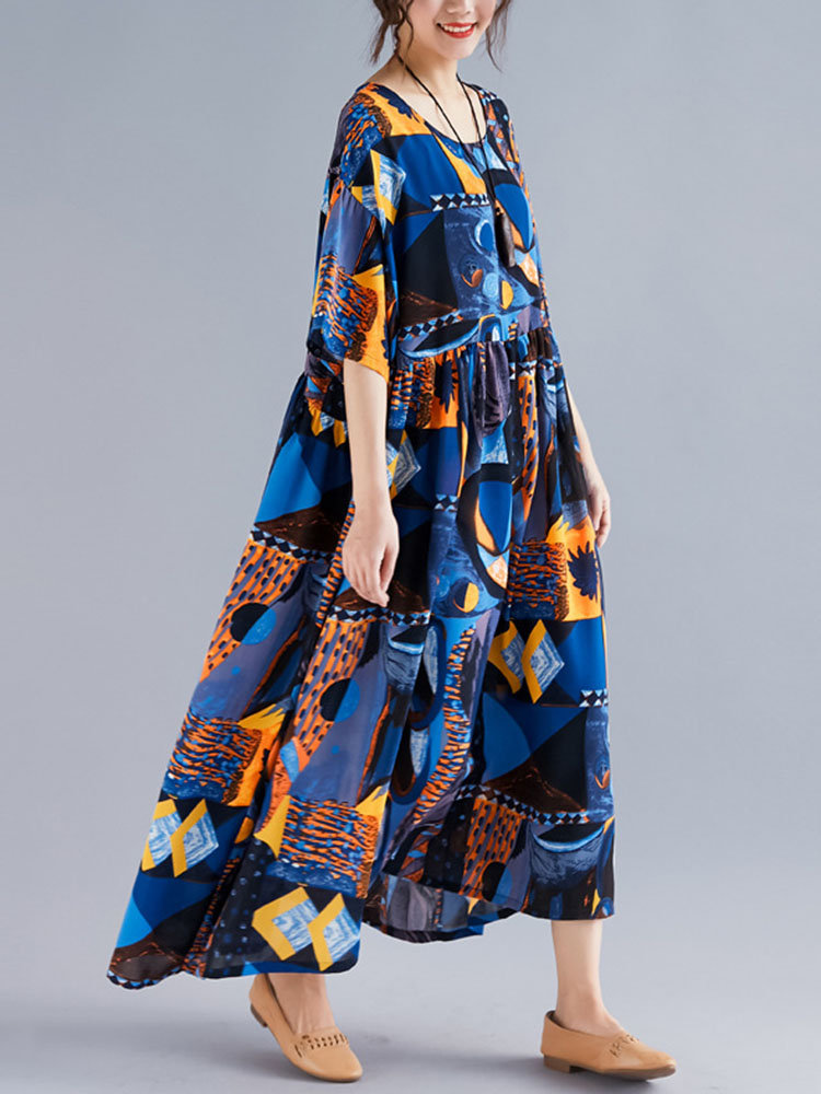 Rretro Geometric Print Loose Short-sleeved Ruffled Dress