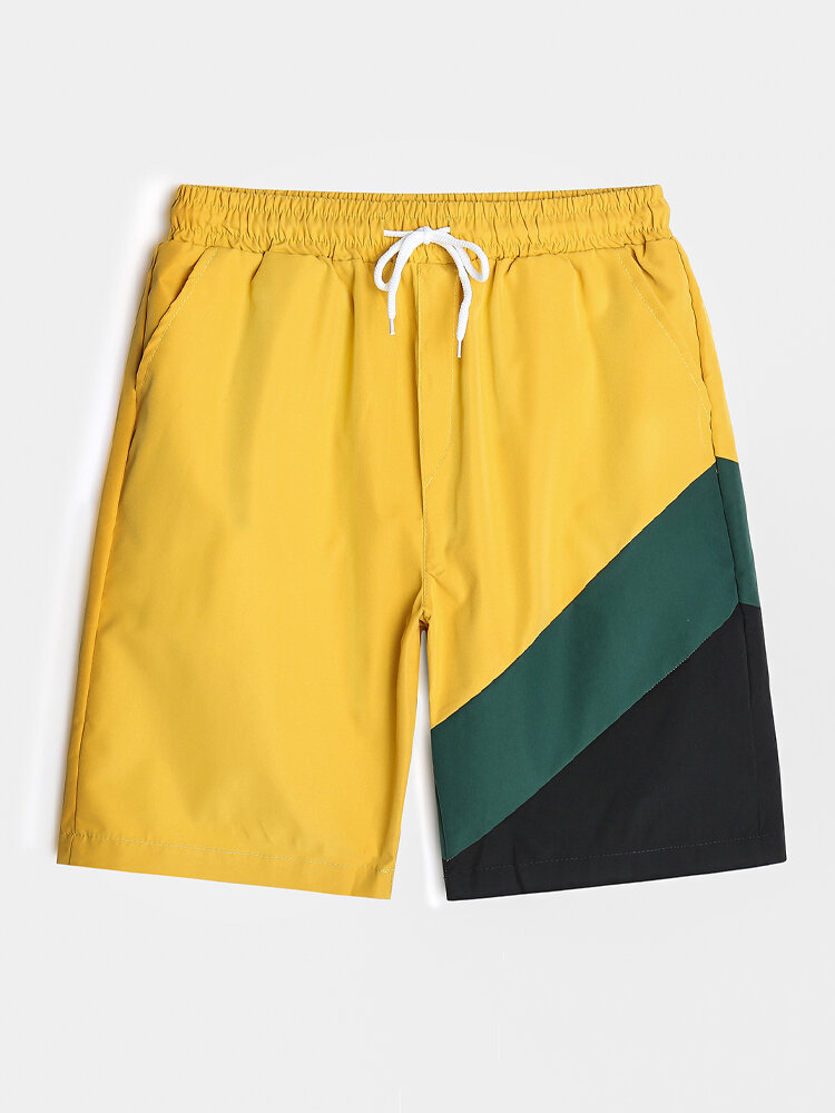Mens Tricolor Patchwork Pocket Drawstring Board Shorts