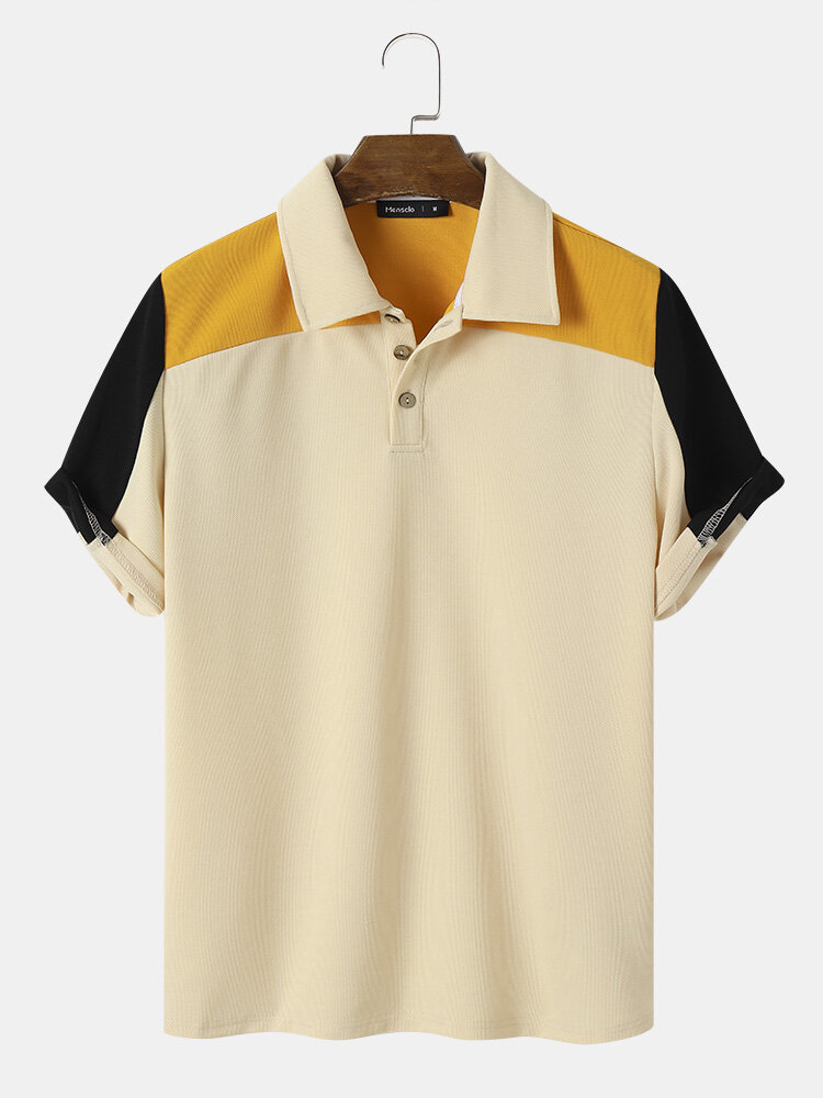 Mens Color Block Patchwork Quarter Button Short Sleeve Golf Shirts