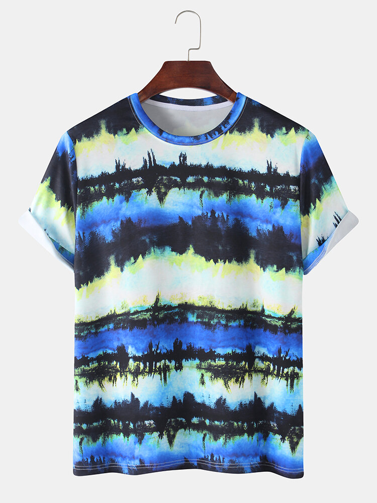 Mens 3D Plant Printing Tie-dye Loose Casual Short Sleeve T-shirts