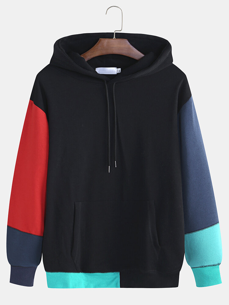 Mens Cotton Patchwork Contrast Color Muff Pockets Hoodies