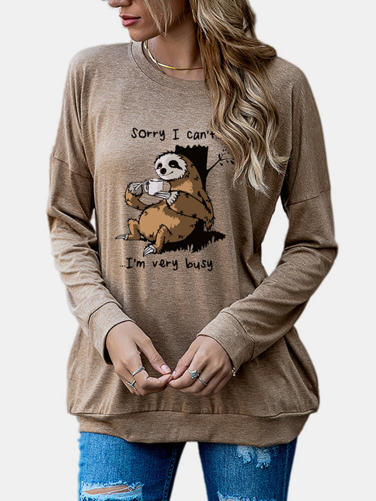 Women Sloth Print Pocket Long Sleeve O-neck Casual T-Shirt