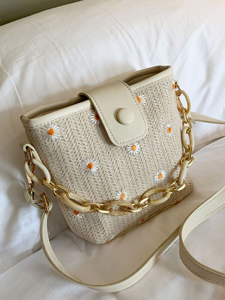 

Straw Lace Daisy Pattern Chains Handbag, White;khaki
