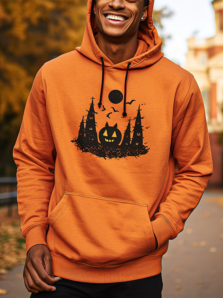 

Mens Halloween Pumpkin Castle Print Kangaroo Pocket Drawstring Hoodies, Orange
