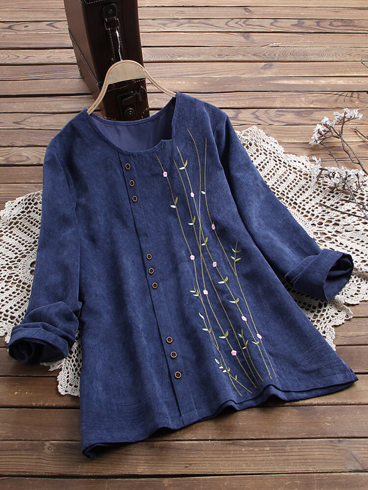 Embroidered Corduroy Button Long Sleeve Vintage Blouse