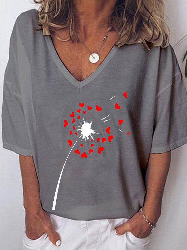 Hearts Flower Print Half Sleeve Casual T-shirt For Women