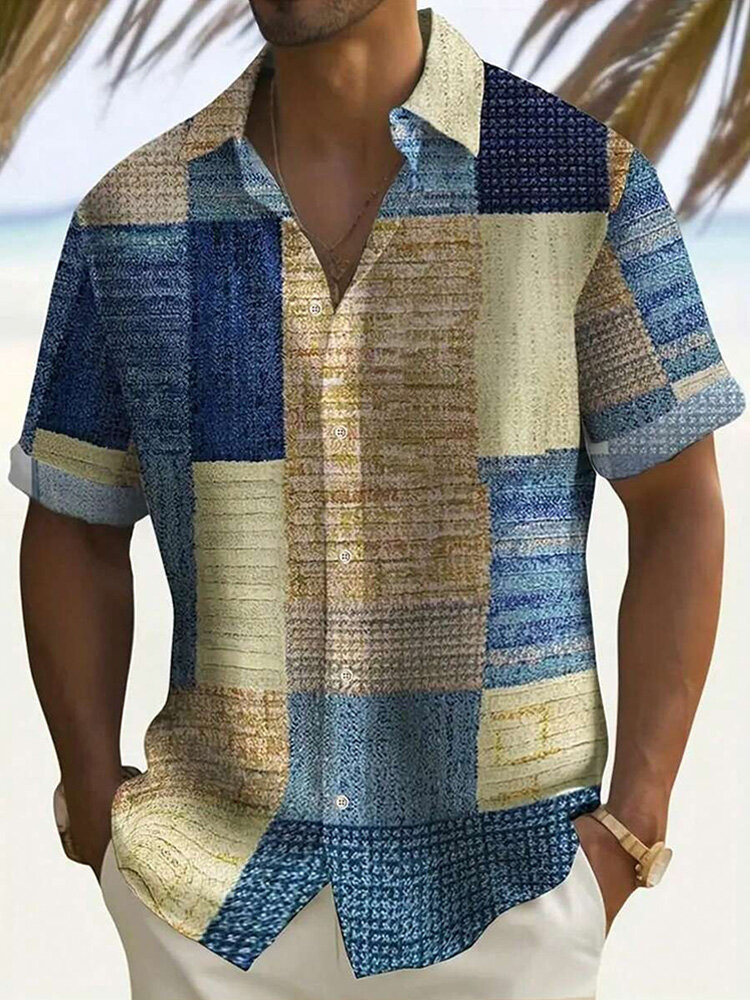 Chemises à manches courtes boutonnées à imprimé bloc de couleurs pour hommes