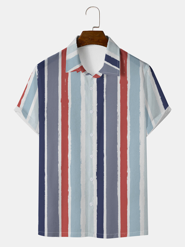 Mens Watercolor Striped Print Lapel Casual Short Sleeve Shirts
