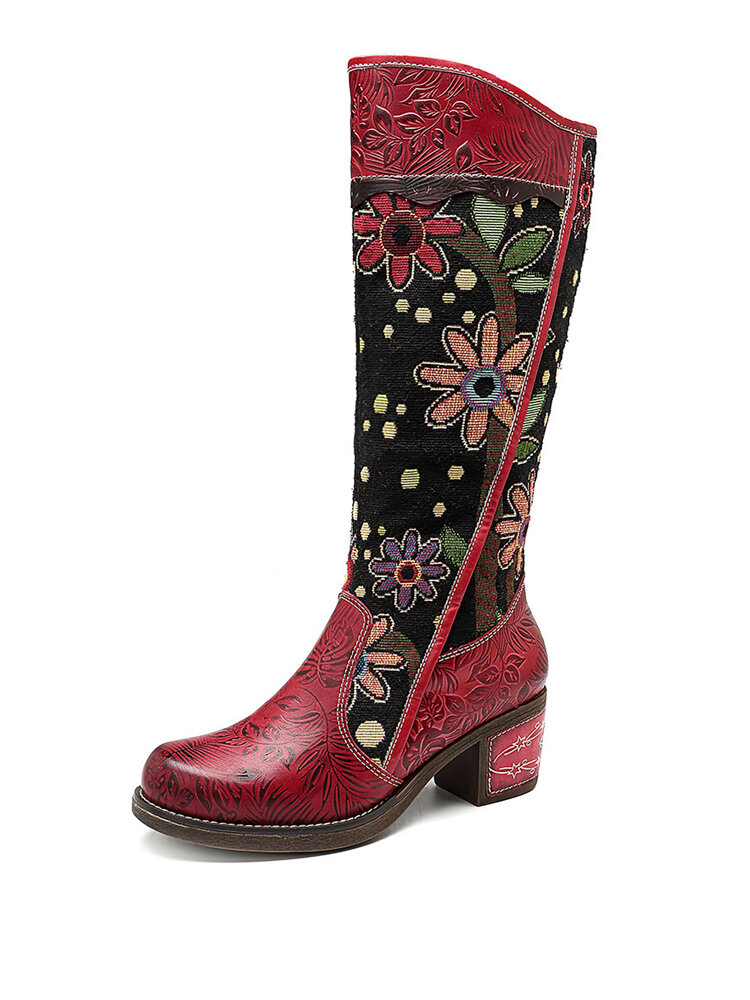 

SOCOFY Cowgirl Flower Pattern Genuine Leather Splicing Jacquard Comfortable Knee Boots, Red