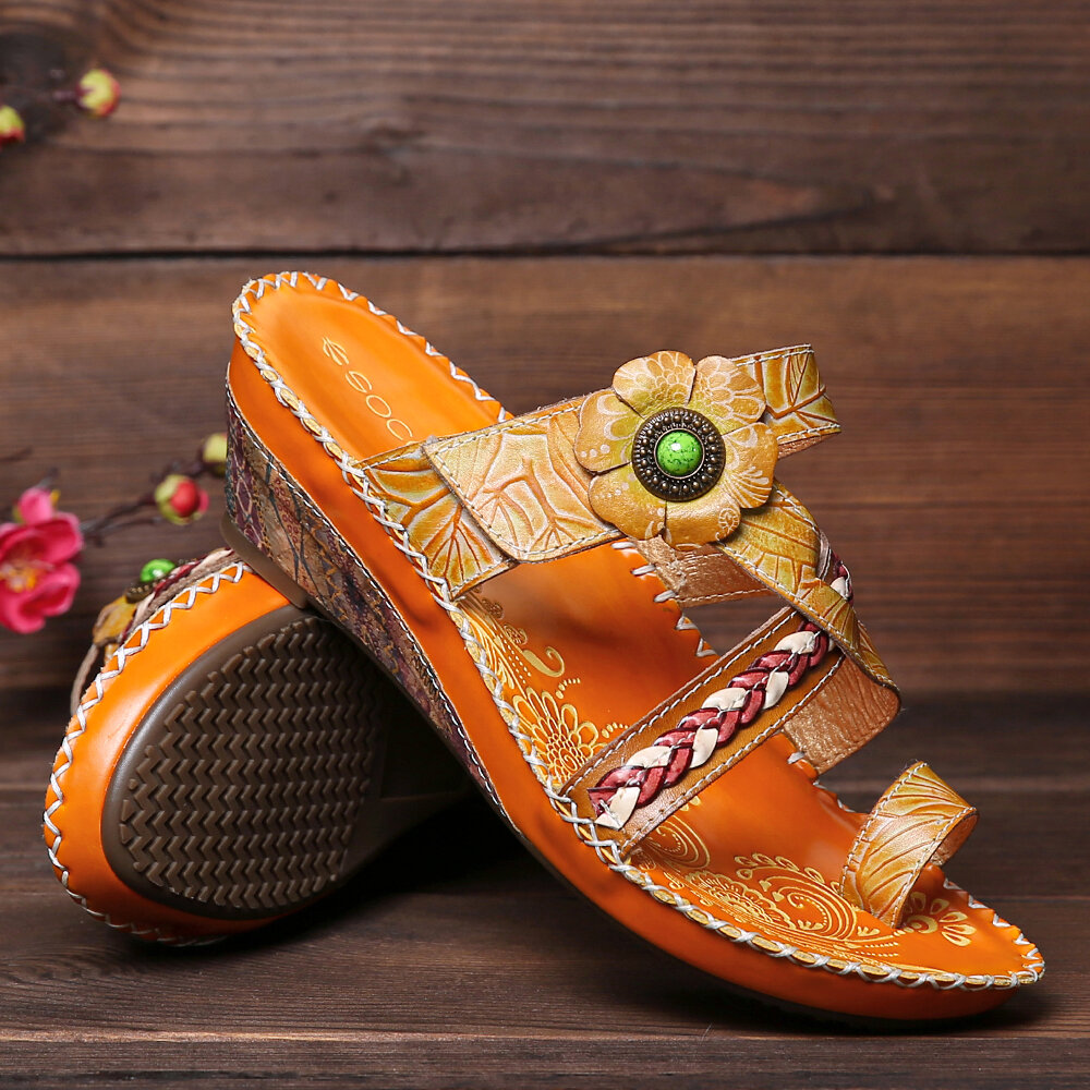 

SOCOFY Vintage Handmade Leather Beaded Floral Hook Loop Slip on Toe Ring Wedge Sandals, Orange