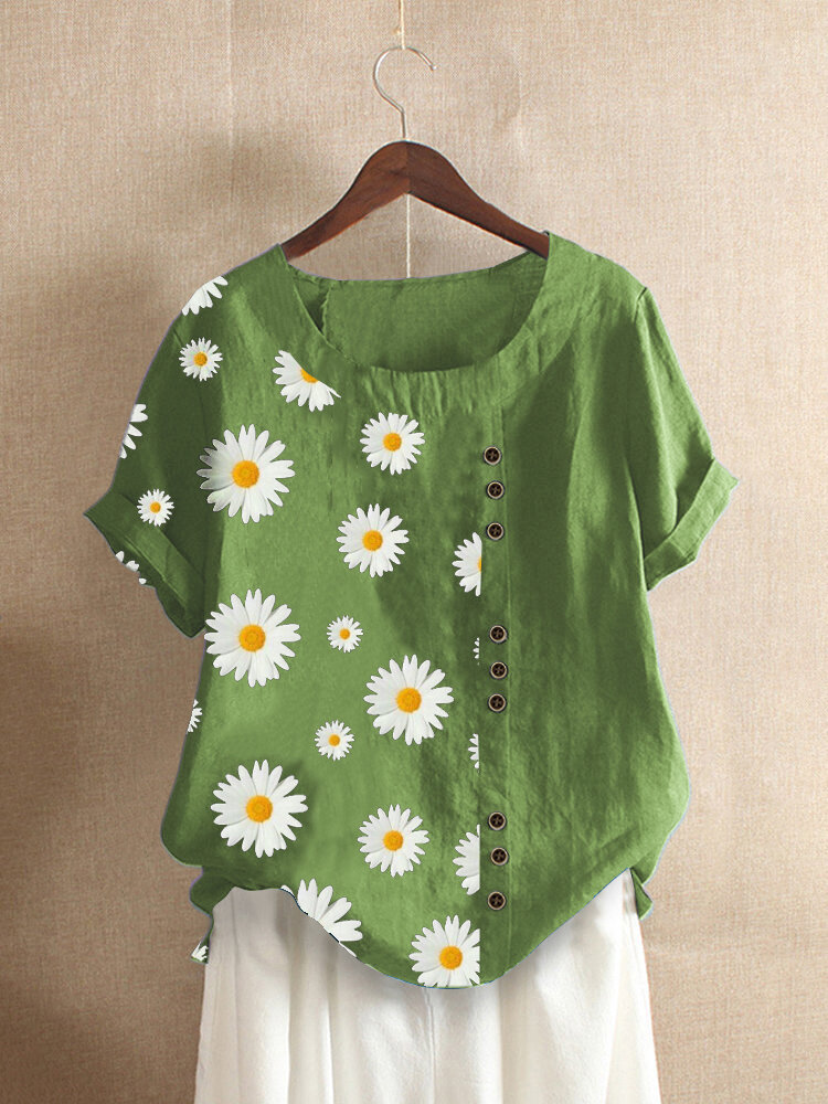 Daisy Floral Patched Print Short Sleeve O-Neck Button T-Shirt