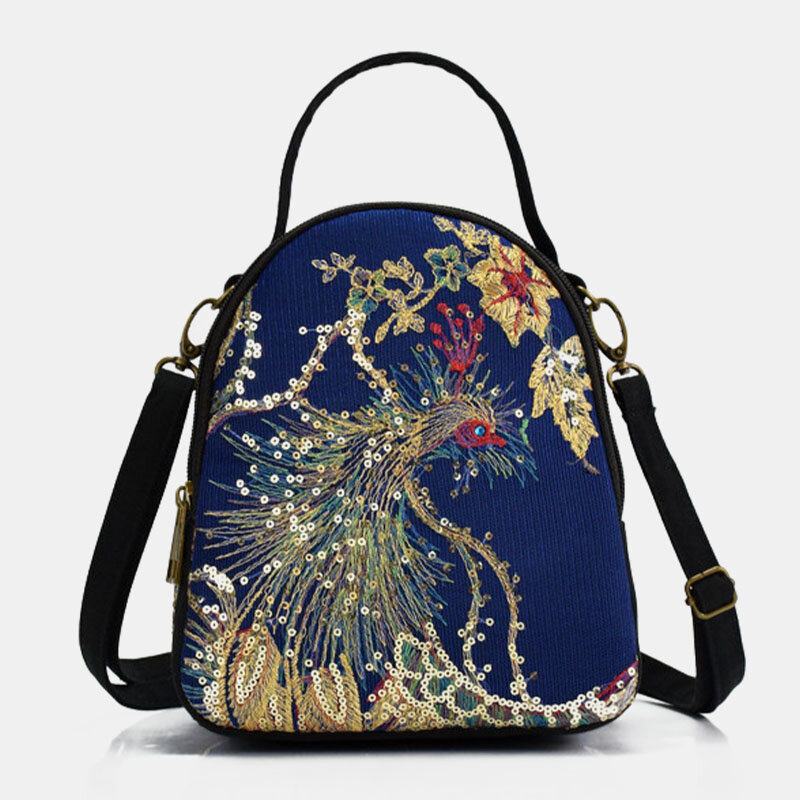 

Ethnic Embroidered Sequined Canvas Peacock Handbag Crossbody Bag, Wine red;blue;black