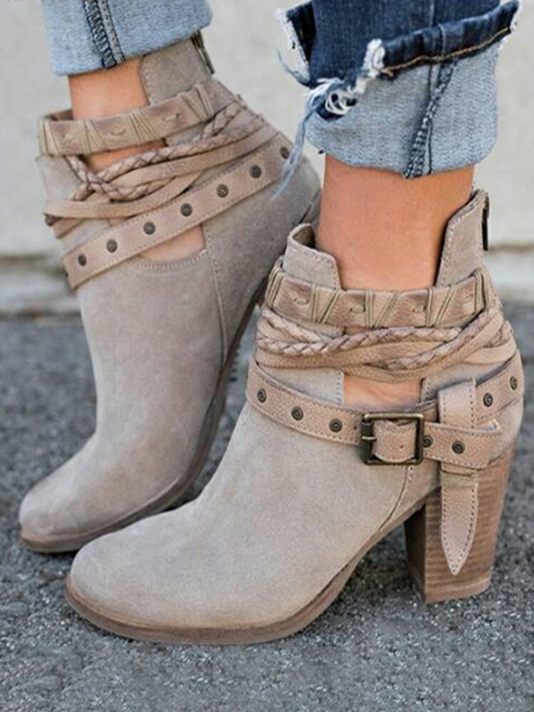 Women Comfortable Round Toe Braided Strap Back-Zip Buckle Casual Ankle Boots