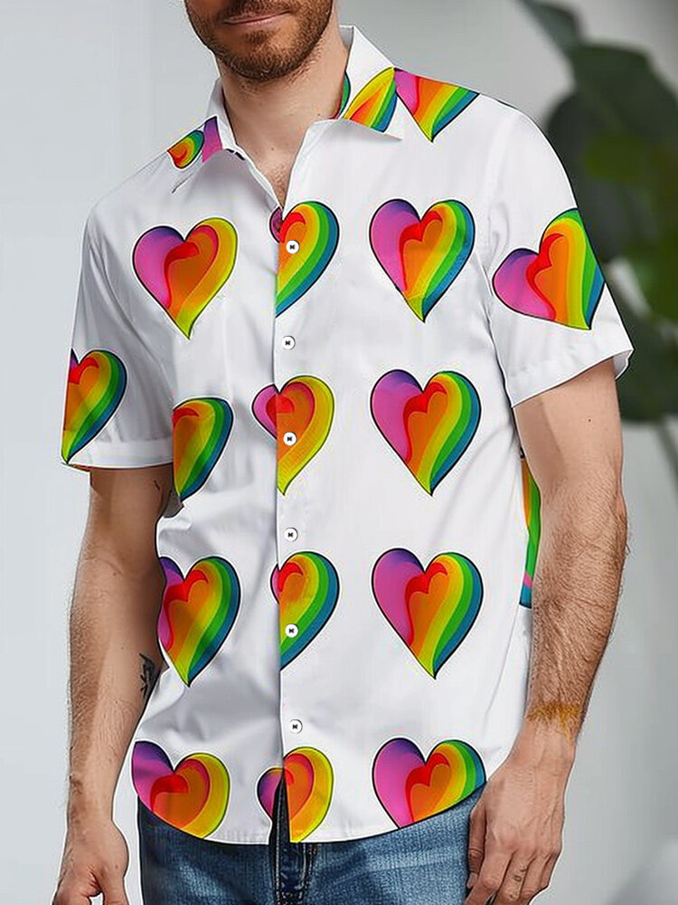

Mens Colorful Hearts Print Lapel Collar Short Sleeve Shirts, White