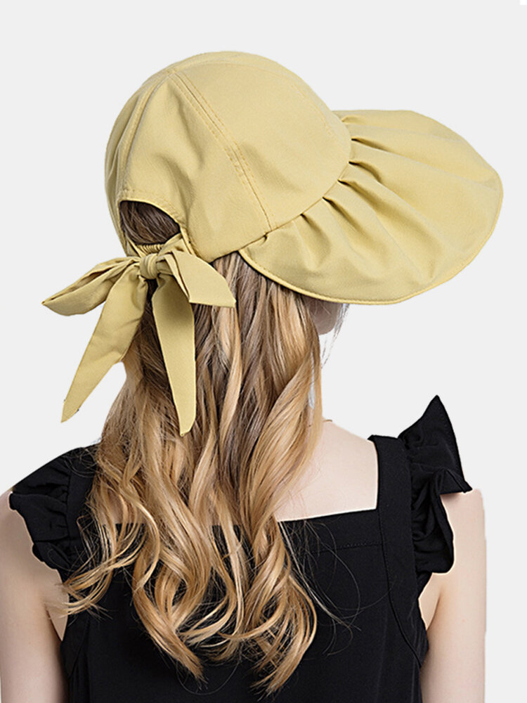 Women Dacron Cloth Casual Outdoor Bowknot Back Brim Ponytail Foldable Sunshade Bucket Hats
