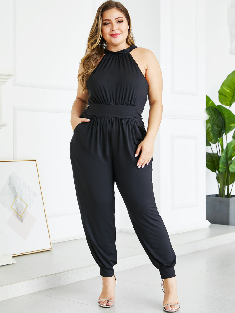 Solid Color Halter Plus Size Casual Jumpsuits with Pockets
